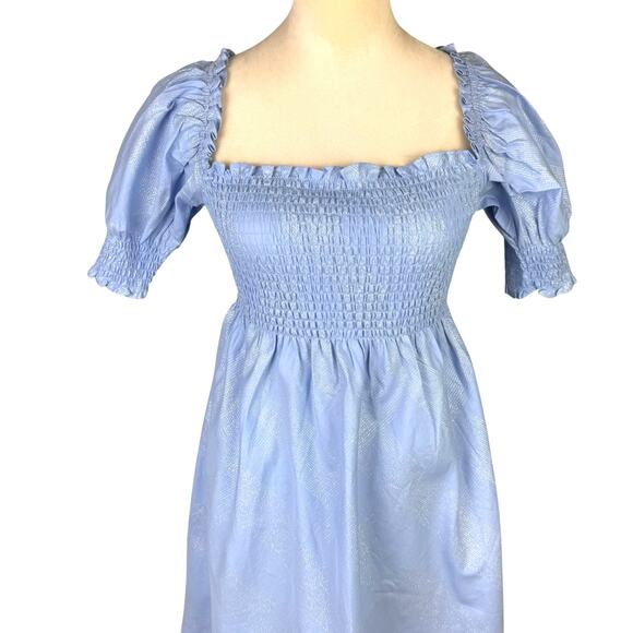 Hill House NWT Athena Nap Dress Light Blue Glitter Check Smocked Mini Babydoll - Picture 6 of 13